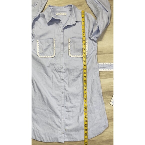 Mon Renn Heron Blue and Ivory Lisle Shirt Mini Spring Dress. Size: XS - Picture 5 of 8